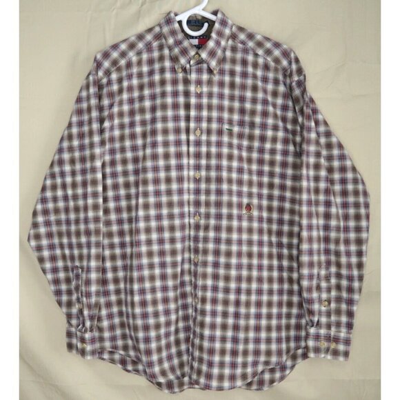Vintage Tommy Hilfiger Button Up Shirt Long Sleeve Brown Plaid Men's Medium - Picture 1 of 11
